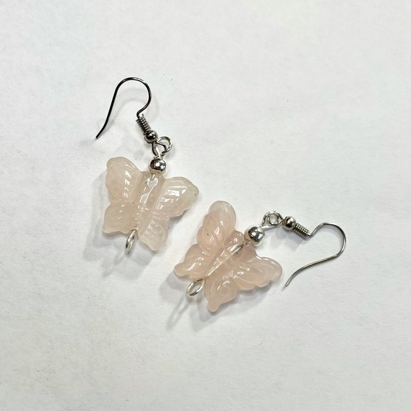 Carved Rose Quartz Butterfly Earrings - Picture 4 of 14